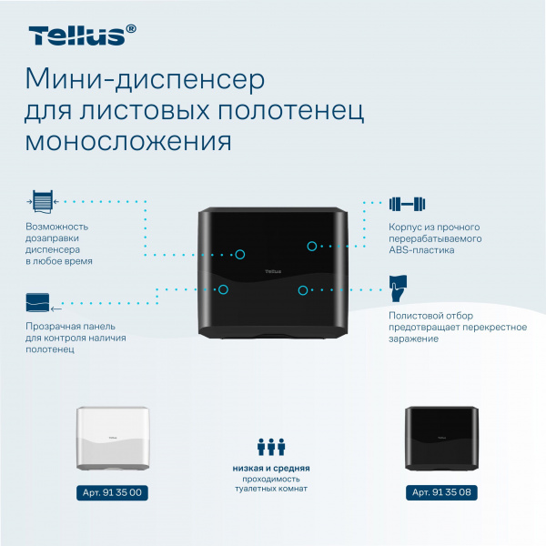 Мини-диспенсер для листовых полотенец Tellus черный моносложение HT3 913508